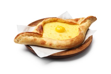 Photo of Tasty khachapuri with cheese and egg isolated on white