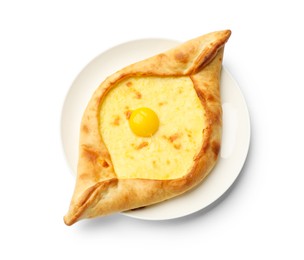 Photo of Tasty khachapuri with cheese and egg isolated on white, top view