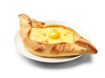 Photo of Tasty khachapuri with cheese and egg isolated on white