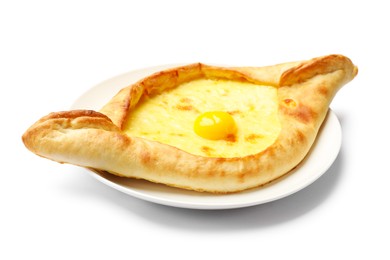 Photo of Tasty khachapuri with cheese and egg isolated on white