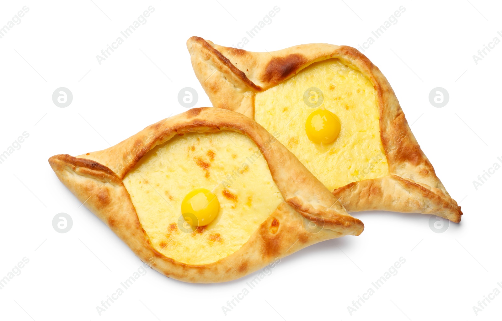 Photo of Tasty khachapuris with cheese and eggs isolated on white, top view