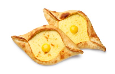 Photo of Tasty khachapuris with cheese and eggs isolated on white, top view