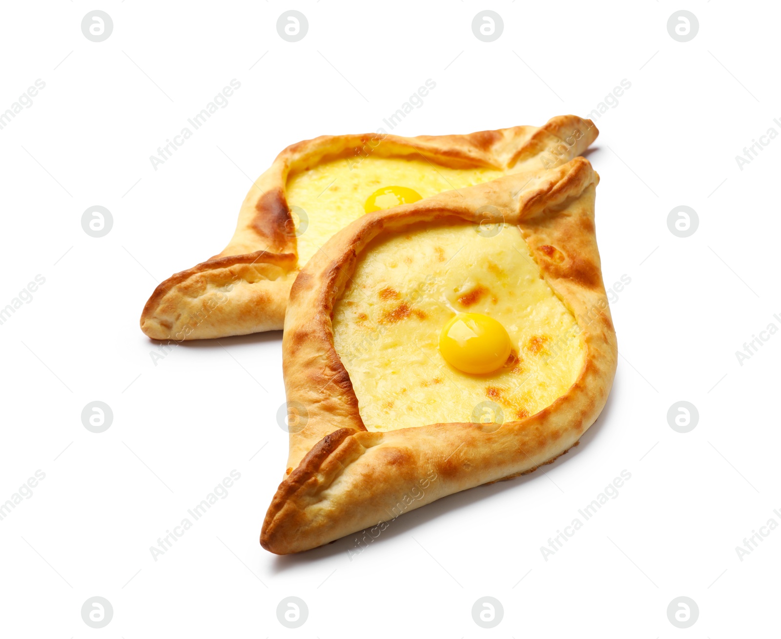 Tasty khachapuris with cheese and eggs isolated on white Photo of Tasty khachapuris with cheese and eggs isolated on white