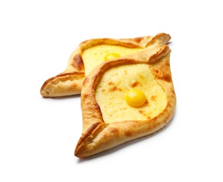 Photo of Tasty khachapuris with cheese and eggs isolated on white