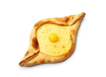 Photo of Tasty khachapuri with cheese and egg isolated on white, above view
