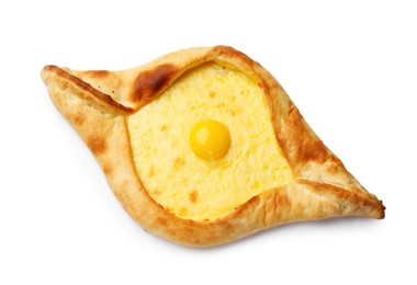 Photo of Tasty khachapuri with cheese and egg isolated on white, top view