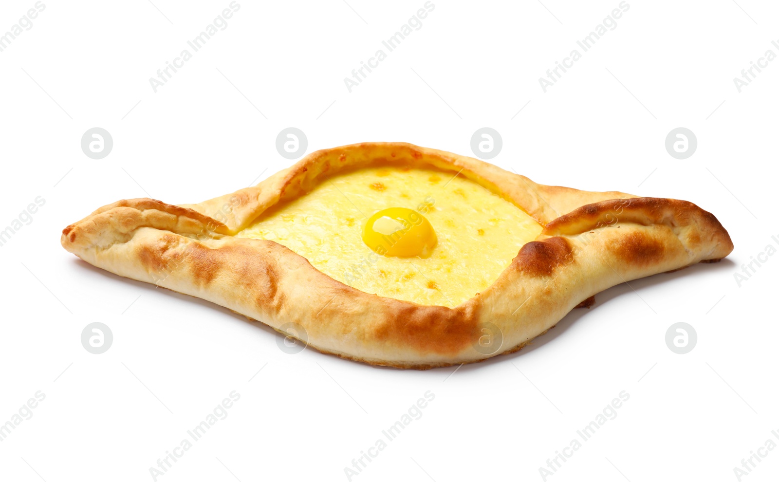 Tasty khachapuri with cheese and egg isolated on white Photo of Tasty khachapuri with cheese and egg isolated on white