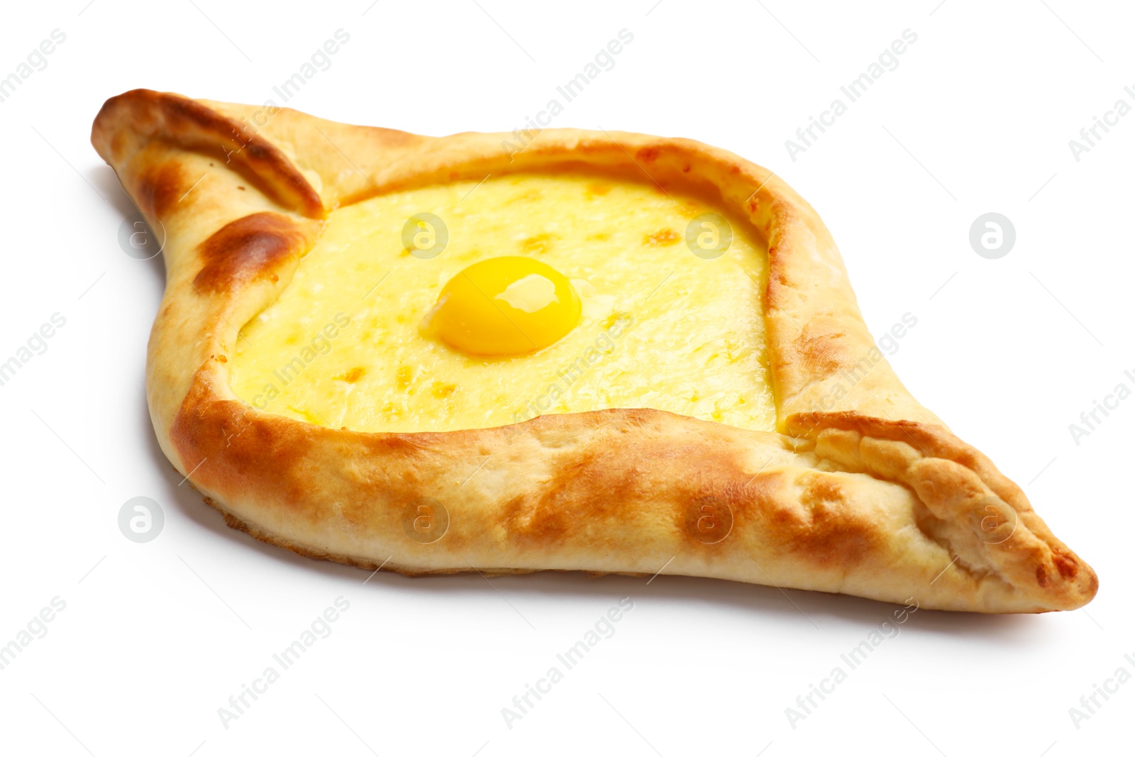 Tasty khachapuri with cheese and egg isolated on white Photo of Tasty khachapuri with cheese and egg isolated on white