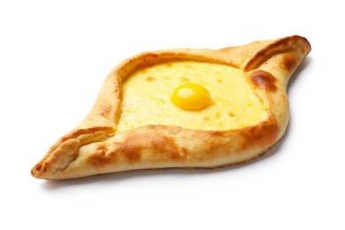 Photo of Tasty khachapuri with cheese and egg isolated on white