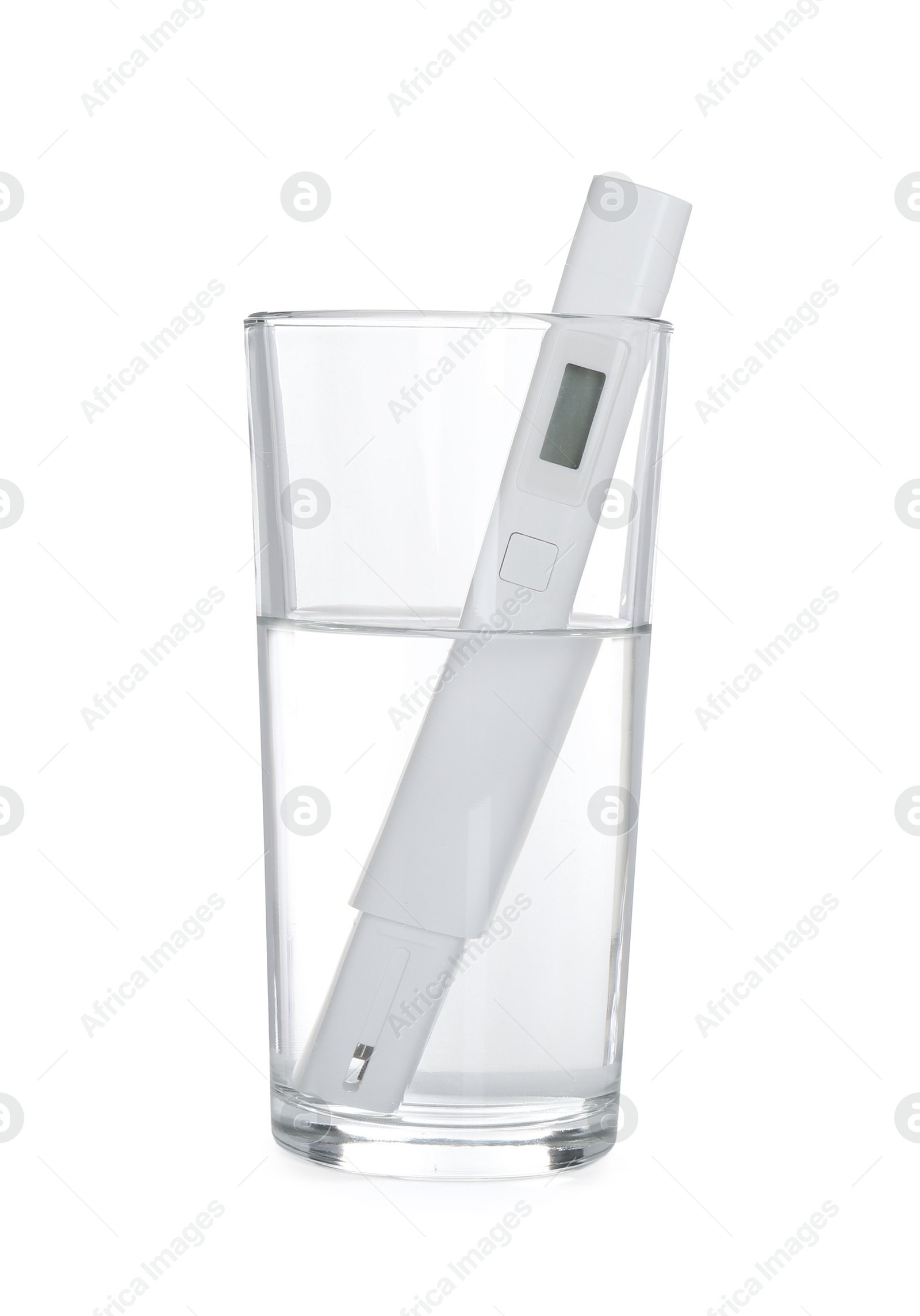 Nitrate tester in glass of water isolated on white Photo of Nitrate tester in glass of water isolated on white