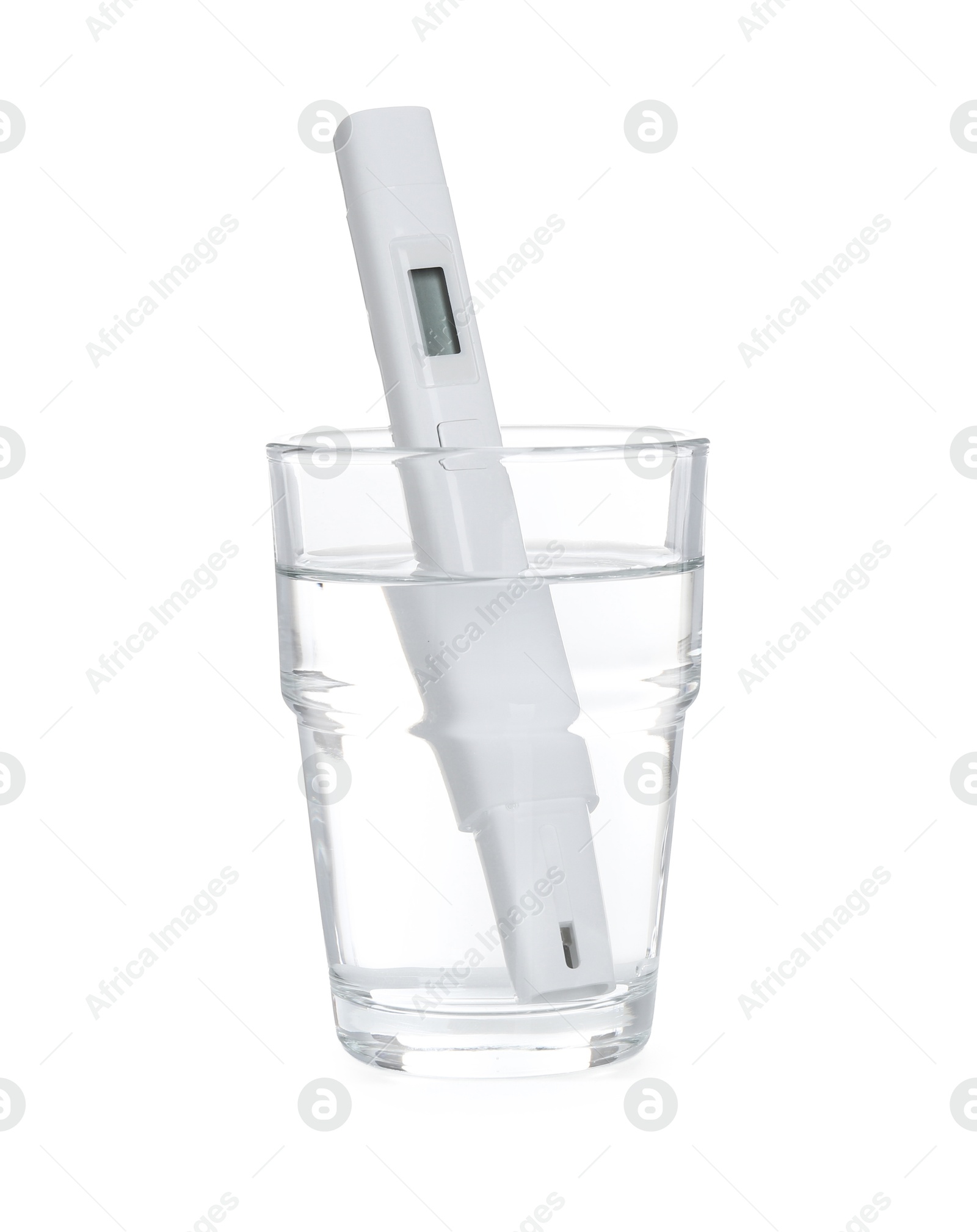 Nitrate tester in glass of water isolated on white Photo of Nitrate tester in glass of water isolated on white
