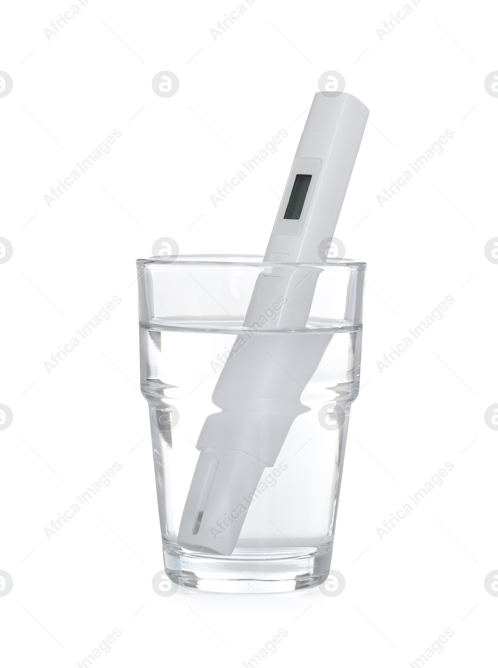 Nitrate tester in glass of water isolated on white Photo of Nitrate tester in glass of water isolated on white