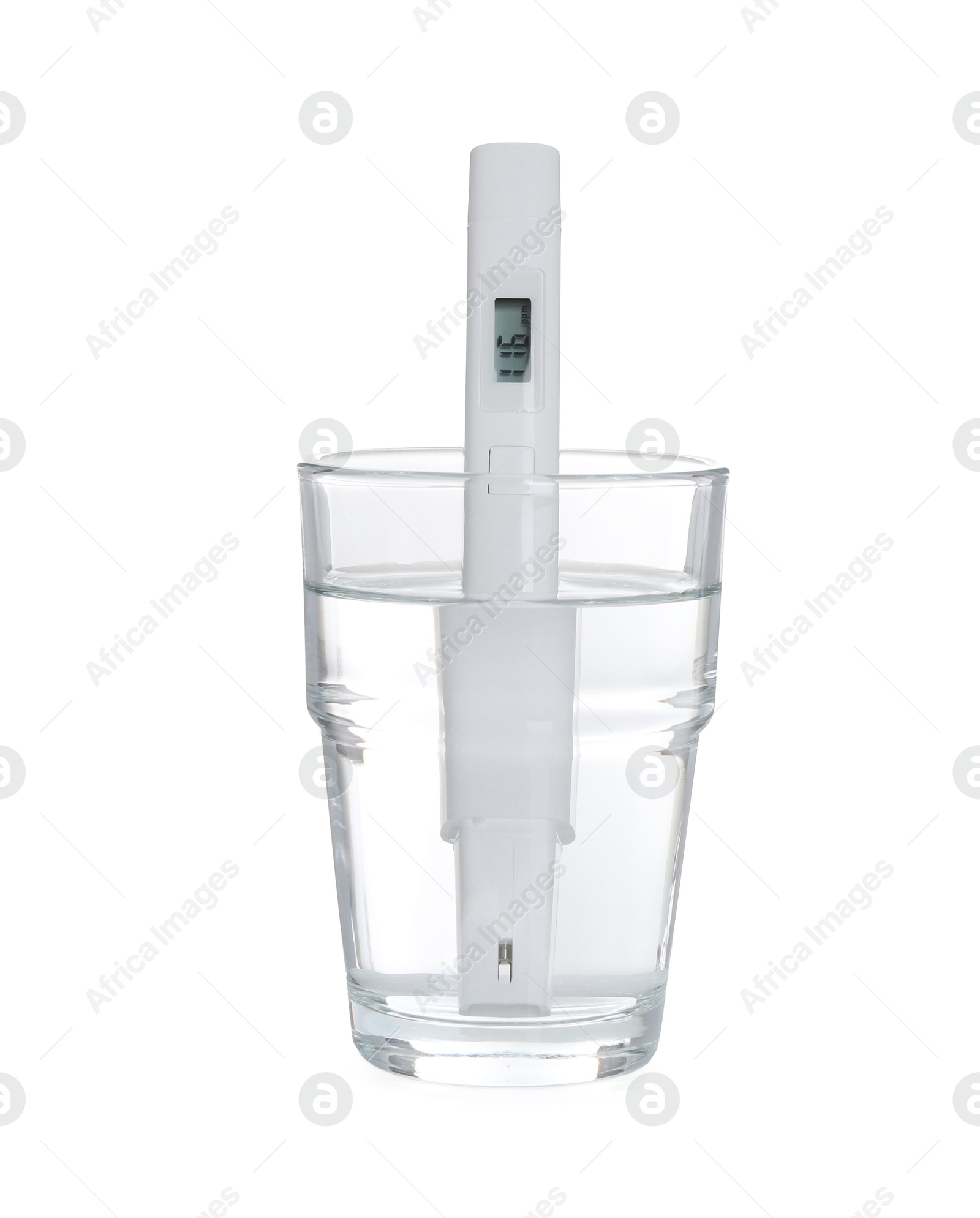 Nitrate tester in glass of water isolated on white Photo of Nitrate tester in glass of water isolated on white