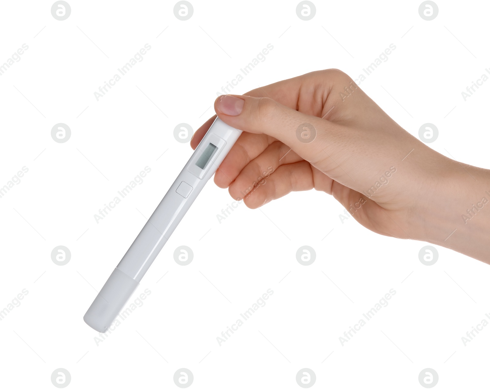 Woman with nitrate tester on white background, closeup Photo of Woman with nitrate tester on white background, closeup