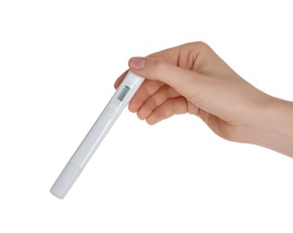 Photo of Woman with nitrate tester on white background, closeup