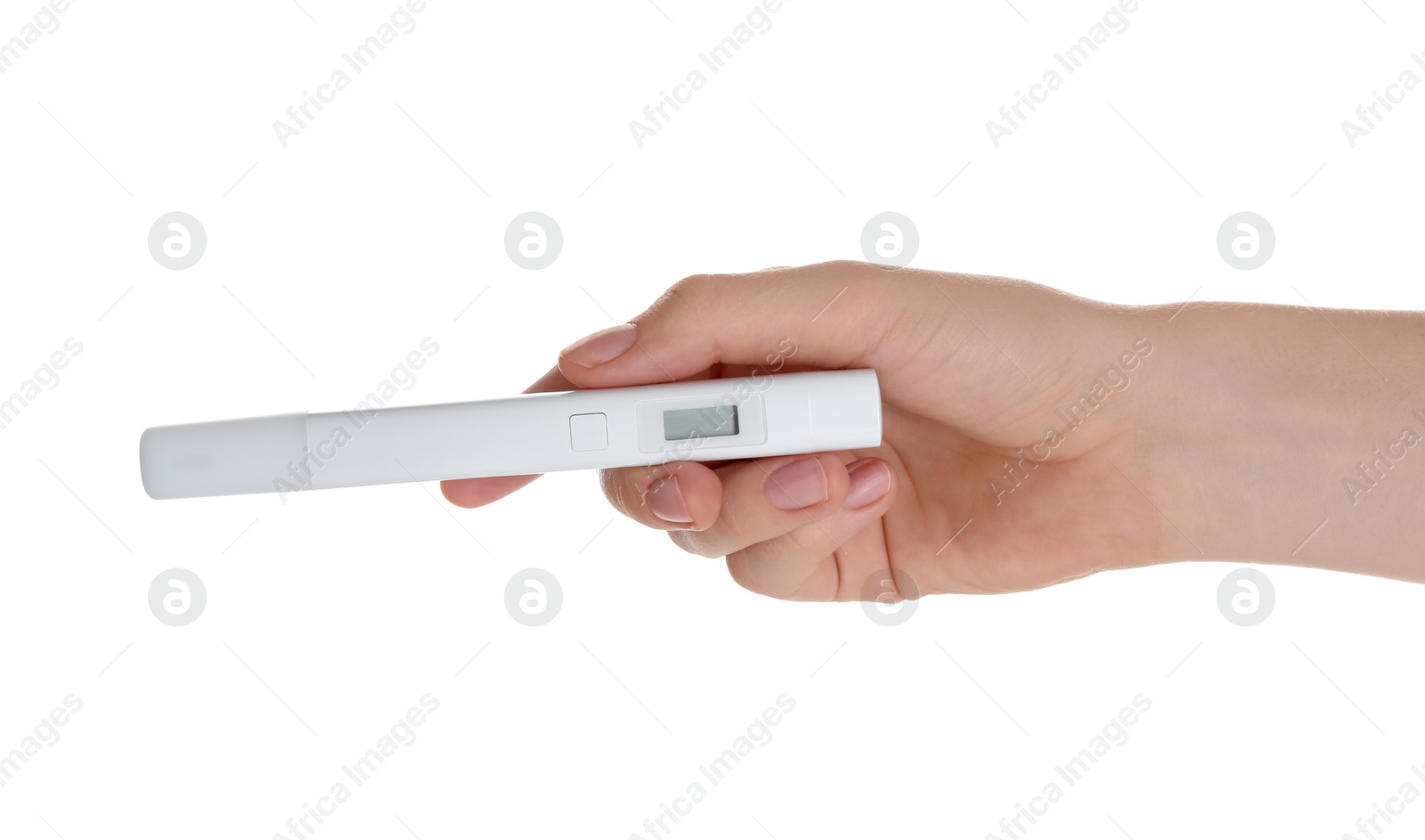 Woman with nitrate tester on white background, closeup Photo of Woman with nitrate tester on white background, closeup
