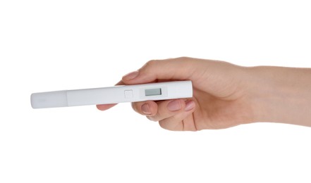 Photo of Woman with nitrate tester on white background, closeup