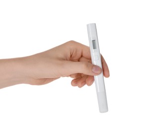 Photo of Woman with nitrate tester on white background, closeup