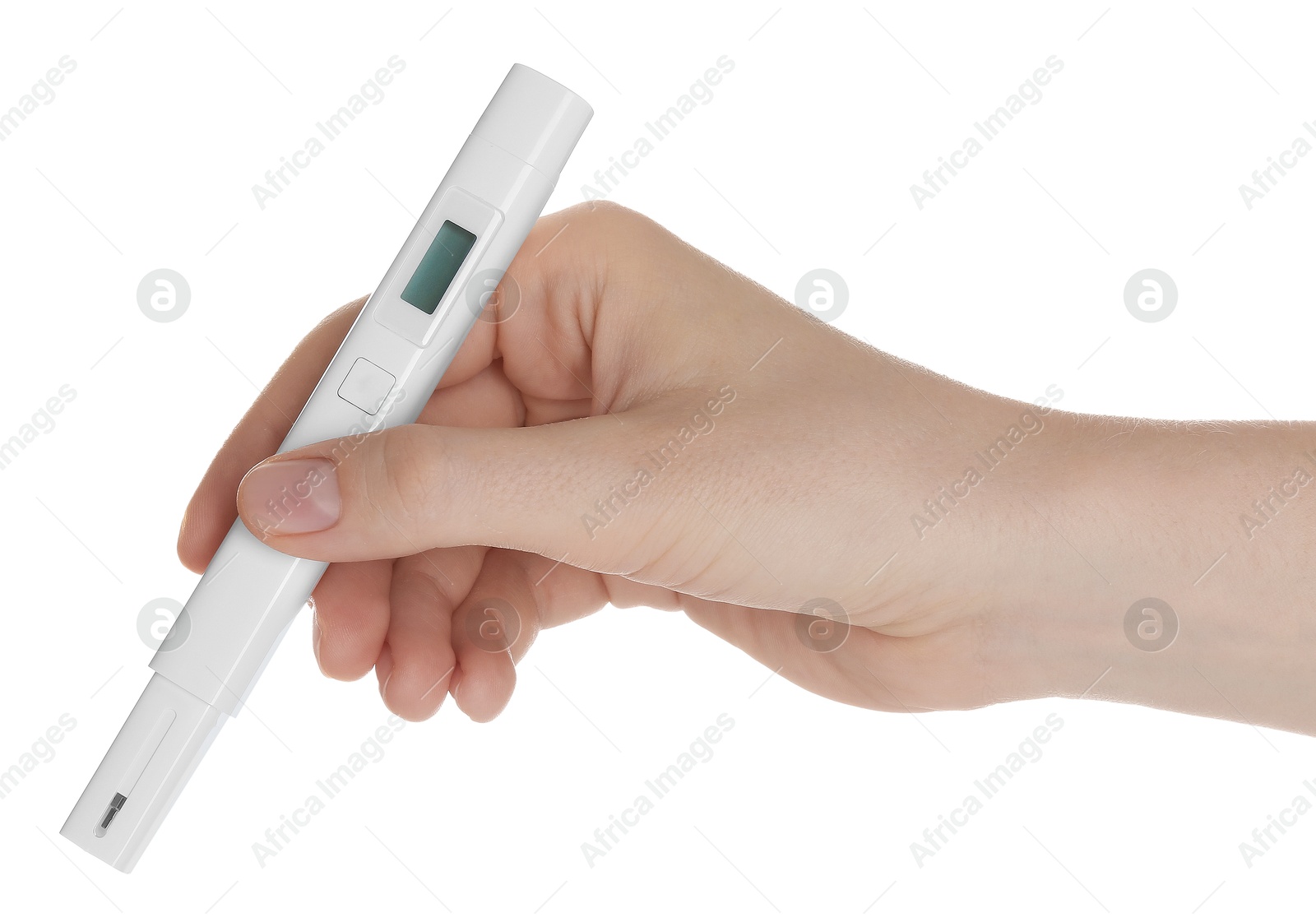 Woman with nitrate tester on white background, closeup Photo of Woman with nitrate tester on white background, closeup