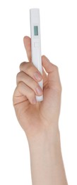 Photo of Woman with nitrate tester on white background, closeup