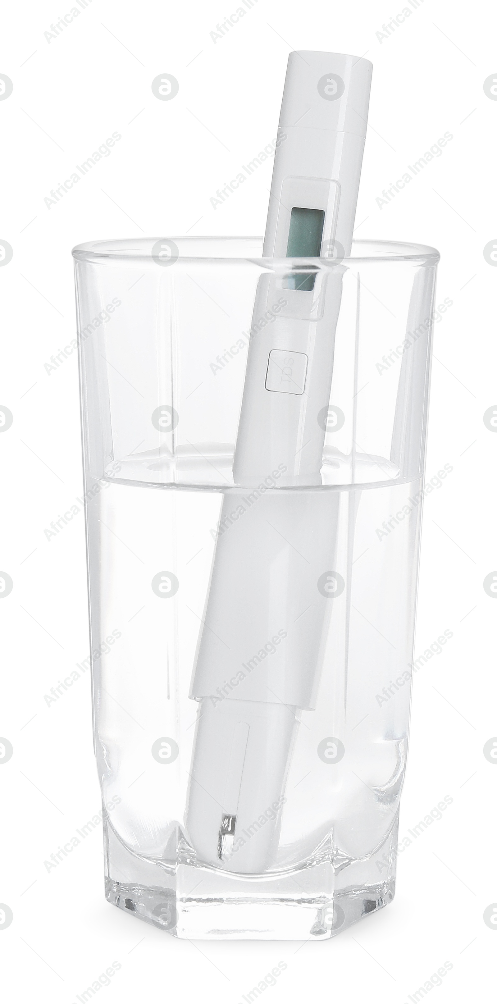 Nitrate tester in glass of water isolated on white Photo of Nitrate tester in glass of water isolated on white