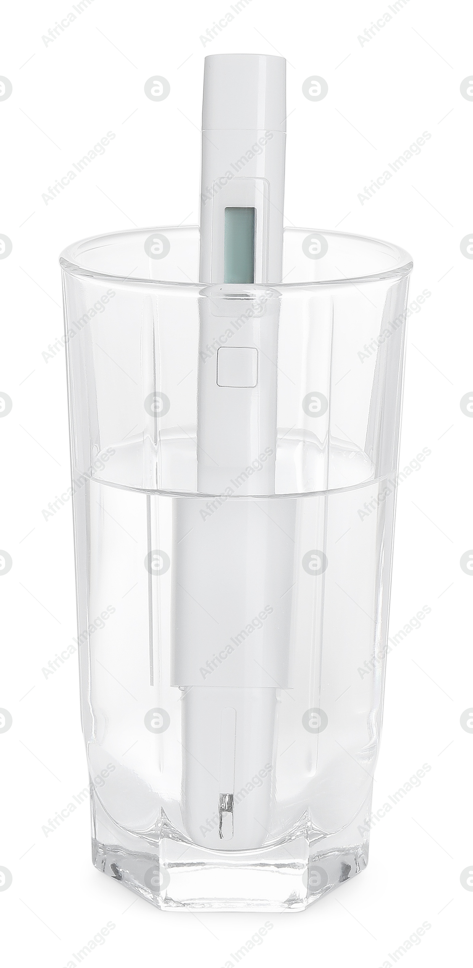 Nitrate tester in glass of water isolated on white Photo of Nitrate tester in glass of water isolated on white