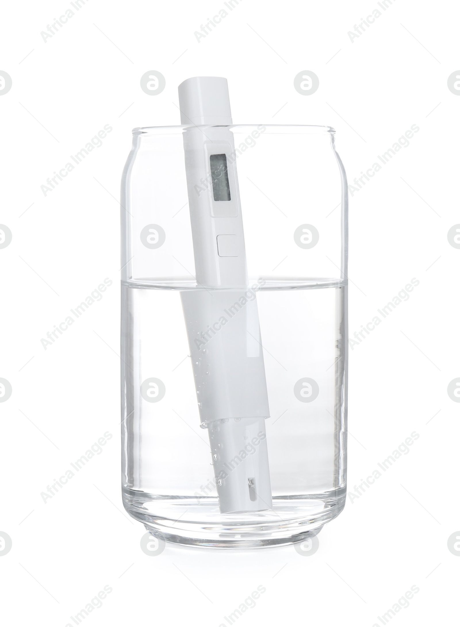 Nitrate tester in glass of water isolated on white Photo of Nitrate tester in glass of water isolated on white
