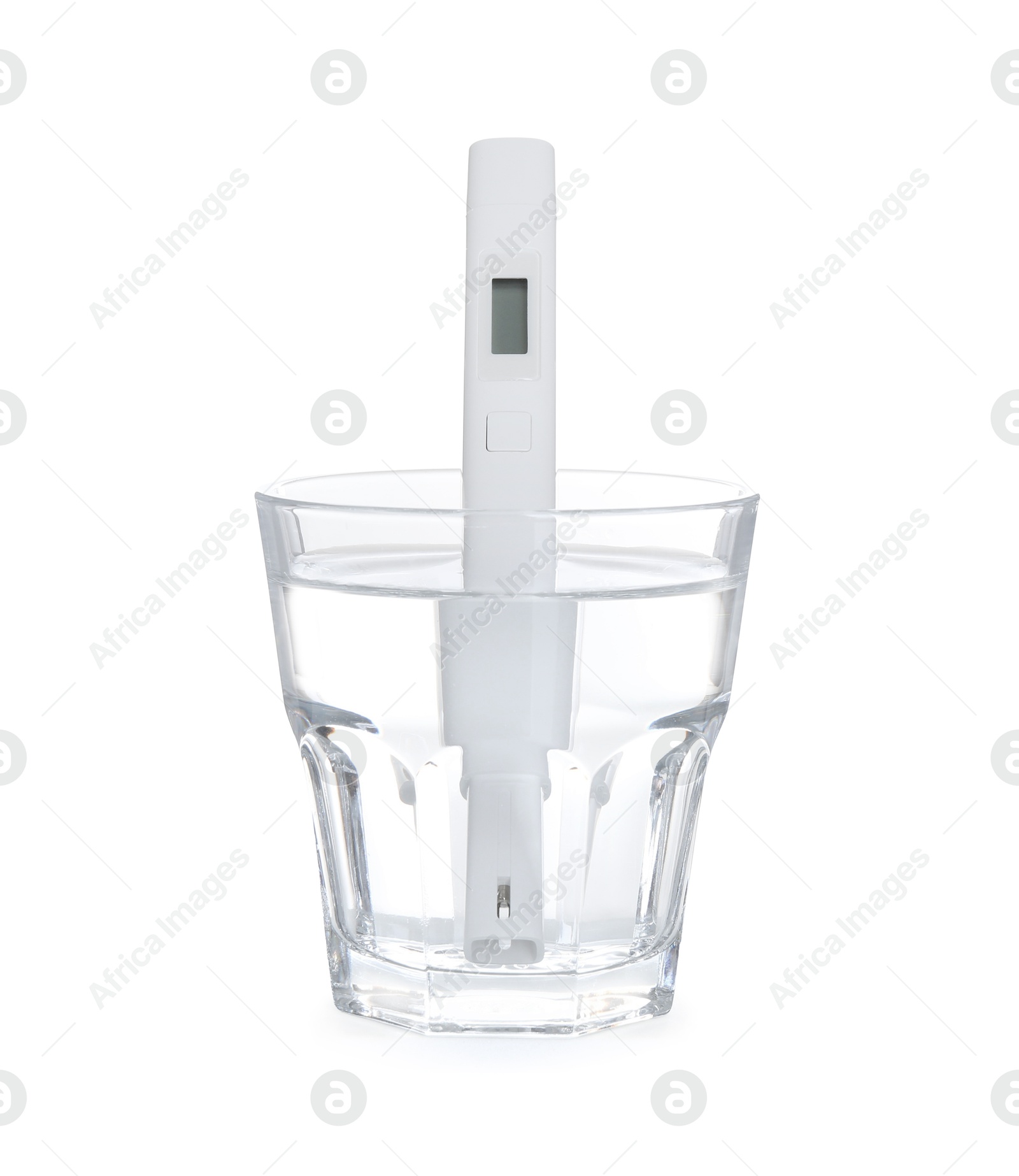 Nitrate tester in glass of water isolated on white Photo of Nitrate tester in glass of water isolated on white