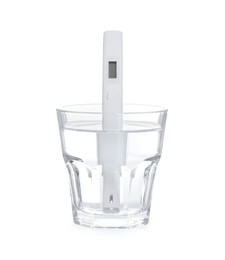 Photo of Nitrate tester in glass of water isolated on white