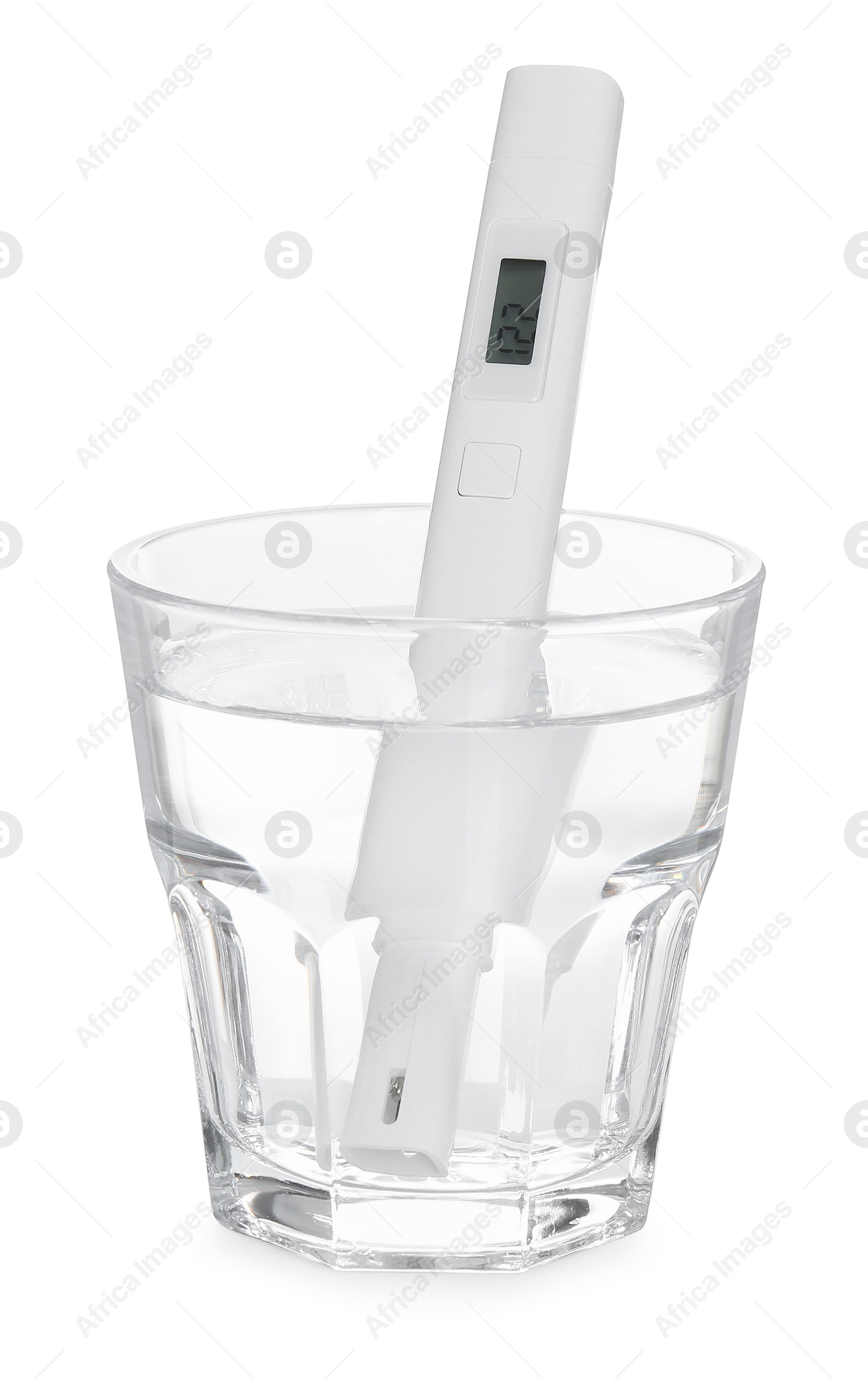 Nitrate tester in glass of water isolated on white Photo of Nitrate tester in glass of water isolated on white