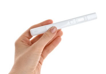 Photo of Woman with nitrate tester on white background, closeup