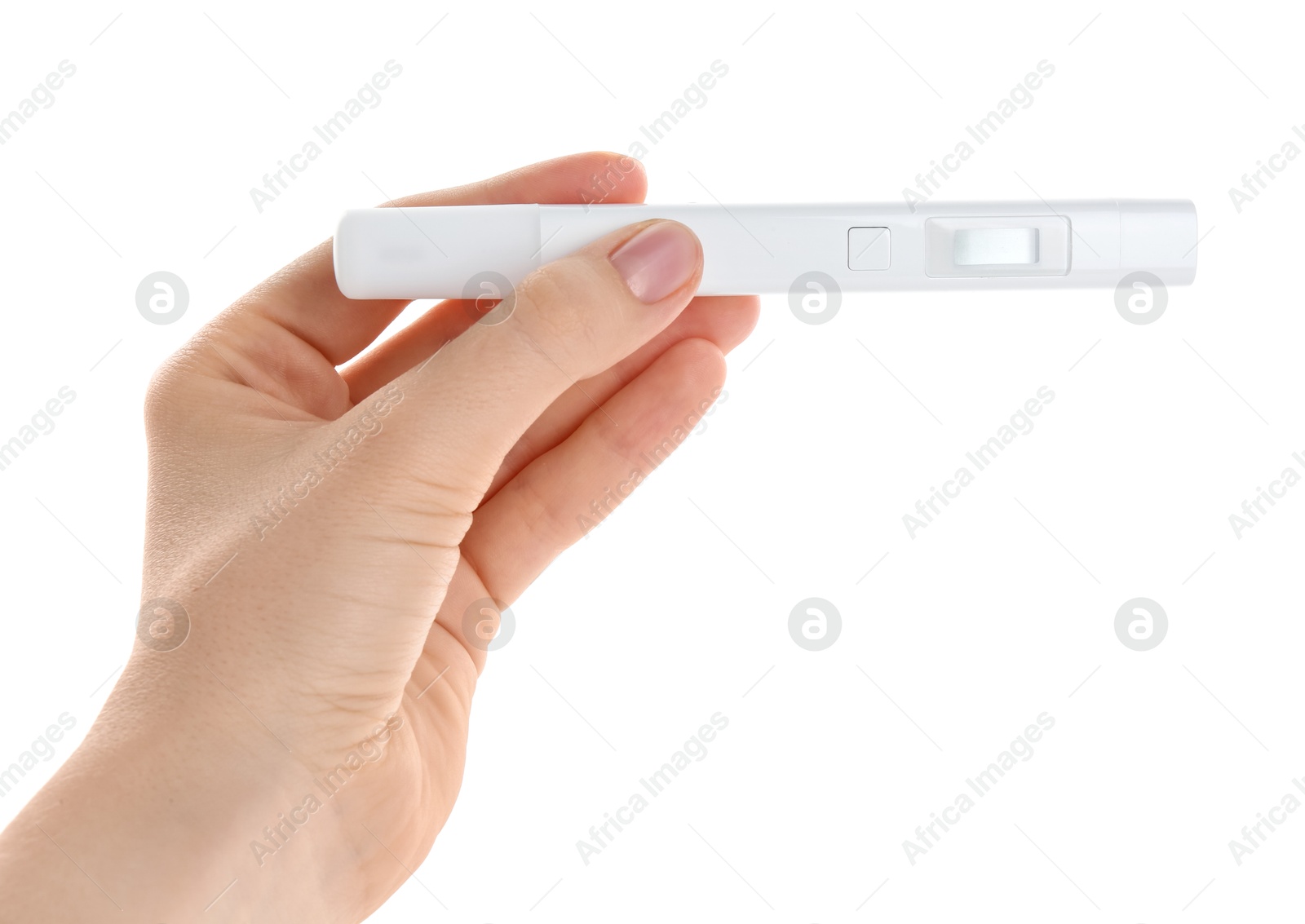 Woman with nitrate tester on white background, closeup Photo of Woman with nitrate tester on white background, closeup