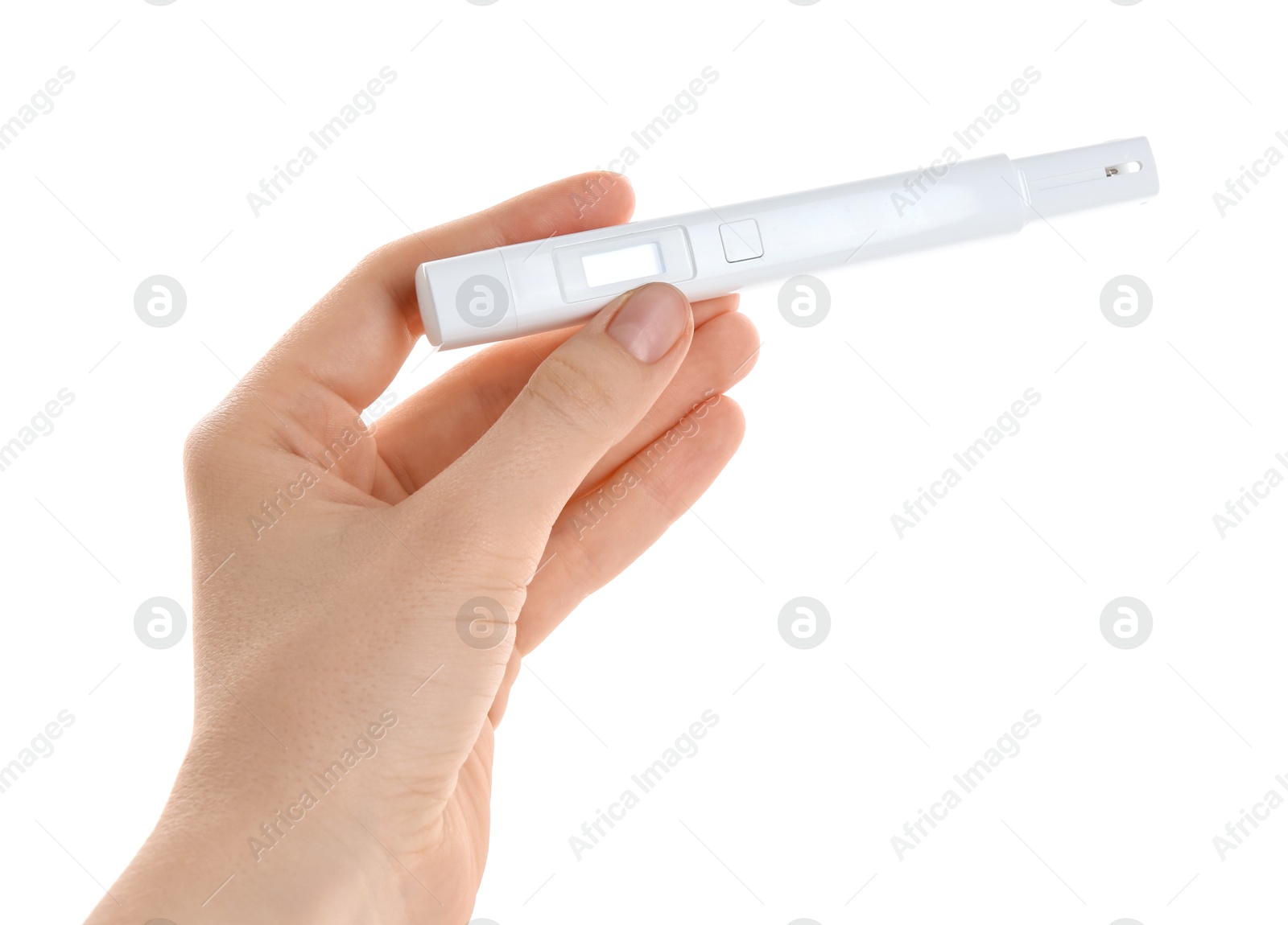 Woman with nitrate tester on white background, closeup Photo of Woman with nitrate tester on white background, closeup