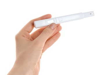 Photo of Woman with nitrate tester on white background, closeup
