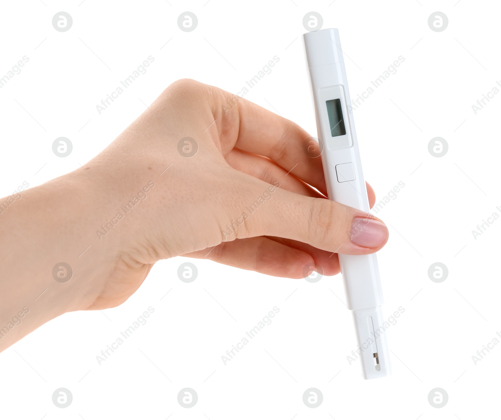 Woman with nitrate tester on white background, closeup Photo of Woman with nitrate tester on white background, closeup
