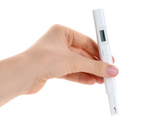 Photo of Woman with nitrate tester on white background, closeup