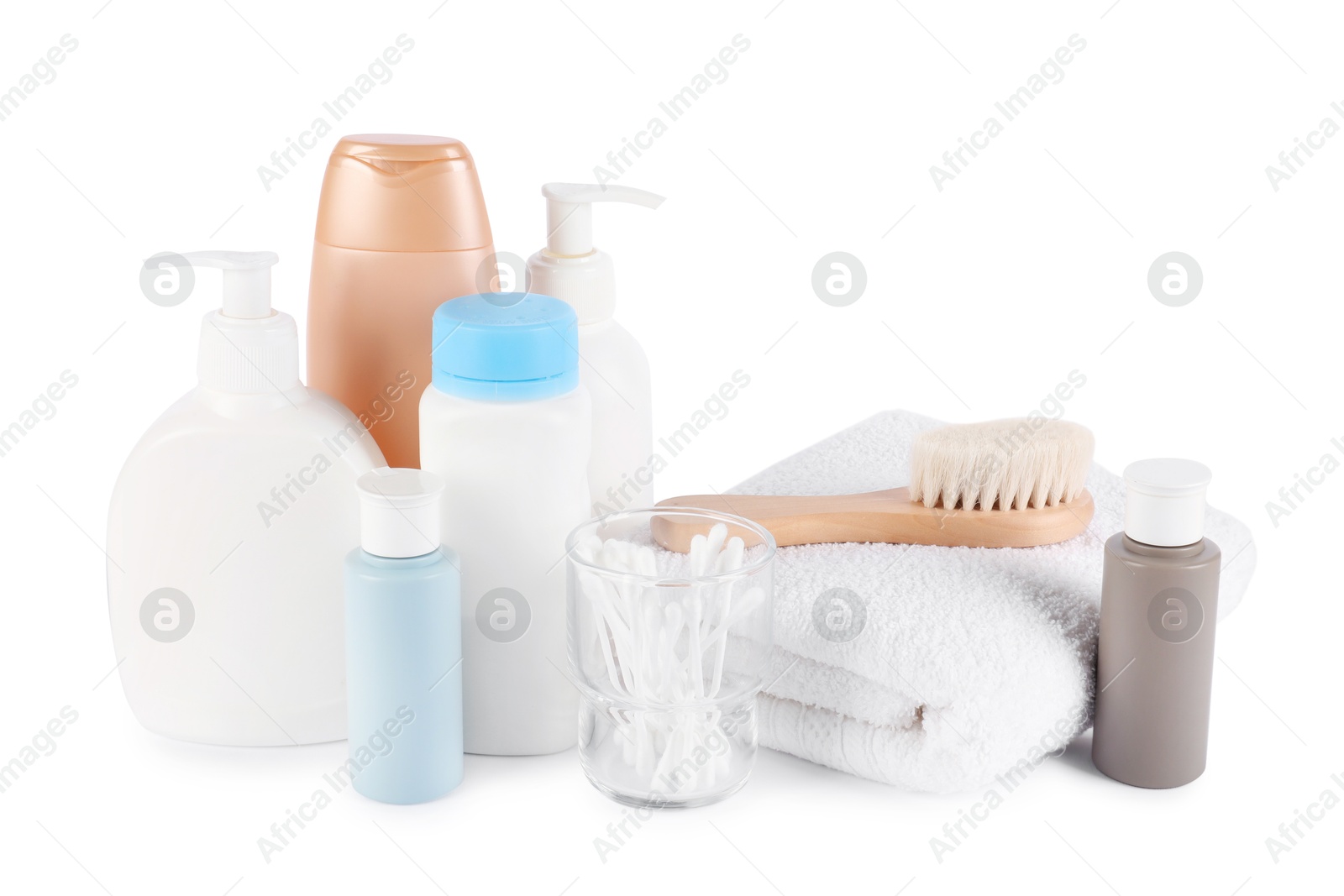 Many different baby bathroom necessities isolated on white Photo of Many different baby bathroom necessities isolated on white