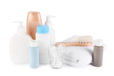 Photo of Many different baby bathroom necessities isolated on white