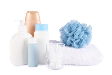 Photo of Many different baby bathroom necessities isolated on white