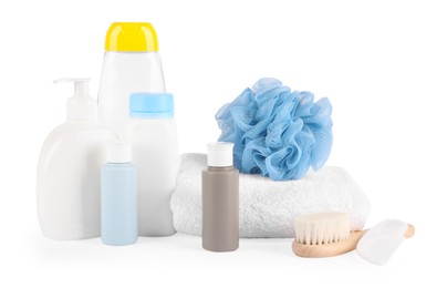 Photo of Many different baby bathroom necessities isolated on white