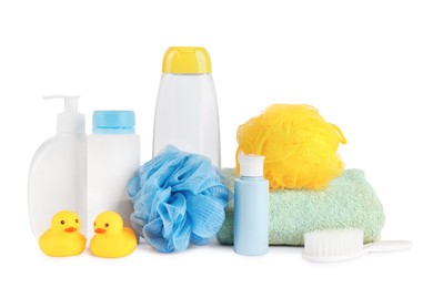 Photo of Many different baby bathroom necessities isolated on white