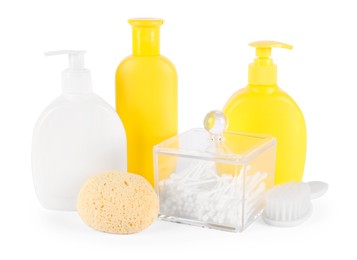 Photo of Many different baby bathroom necessities isolated on white