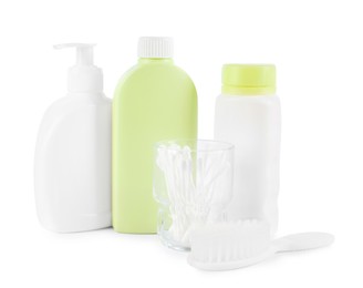 Photo of Many different baby bathroom necessities isolated on white