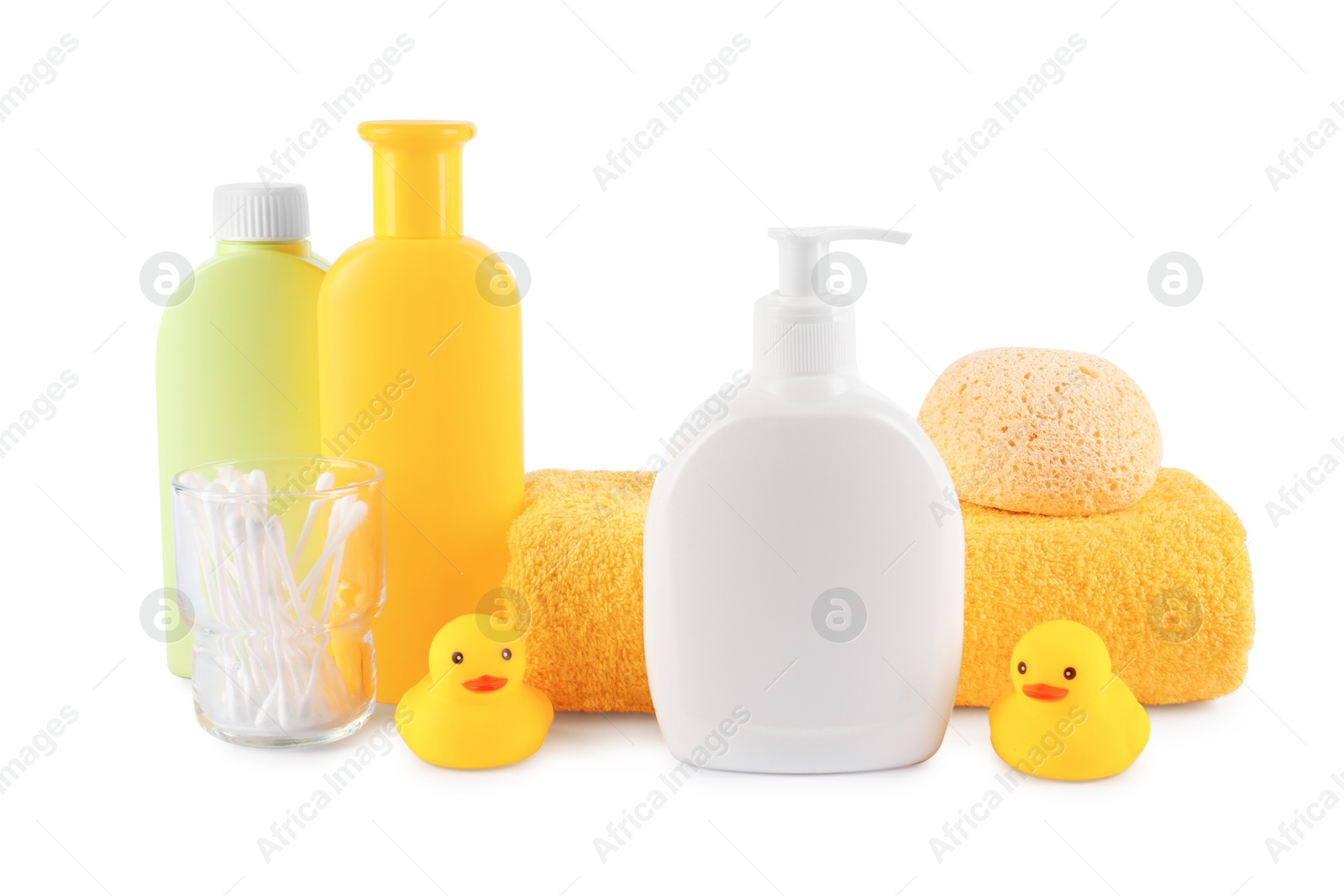 Photo of Many different baby bathroom necessities isolated on white
