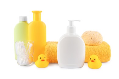 Photo of Many different baby bathroom necessities isolated on white