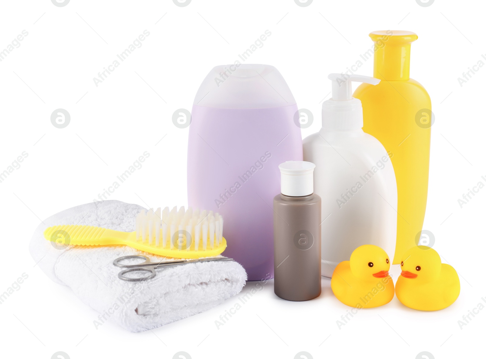 Many different baby bathroom necessities isolated on white Photo of Many different baby bathroom necessities isolated on white