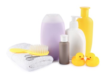 Photo of Many different baby bathroom necessities isolated on white