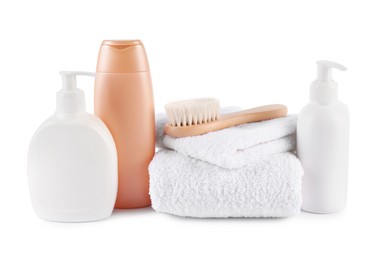 Photo of Many different baby bathroom necessities isolated on white