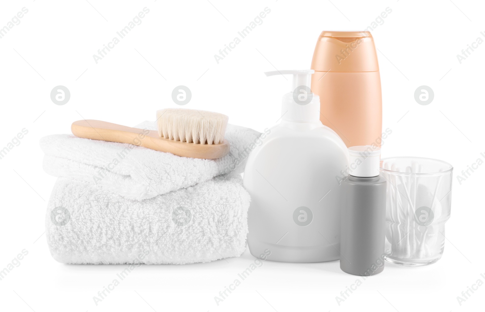 Many different baby bathroom necessities isolated on white Photo of Many different baby bathroom necessities isolated on white