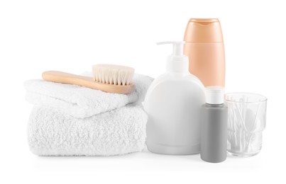 Photo of Many different baby bathroom necessities isolated on white
